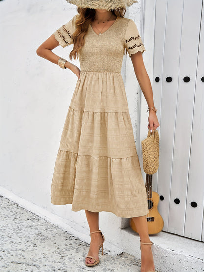 Eyelet Embroidery Smocked V-Neck Scalloped Cap Sleeve Tiered Crinkle Midi Dress