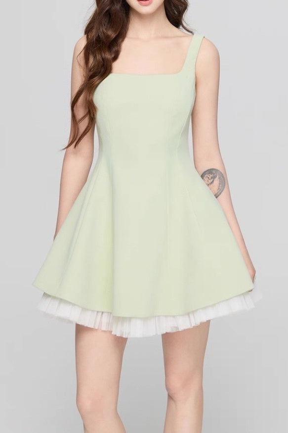 Square Neck Princess Seam Tulle Underlay Fit and Flare Mini Dress