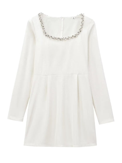 Square Collar Long Sleeve Diamond Velvet Mini&Short Dresses