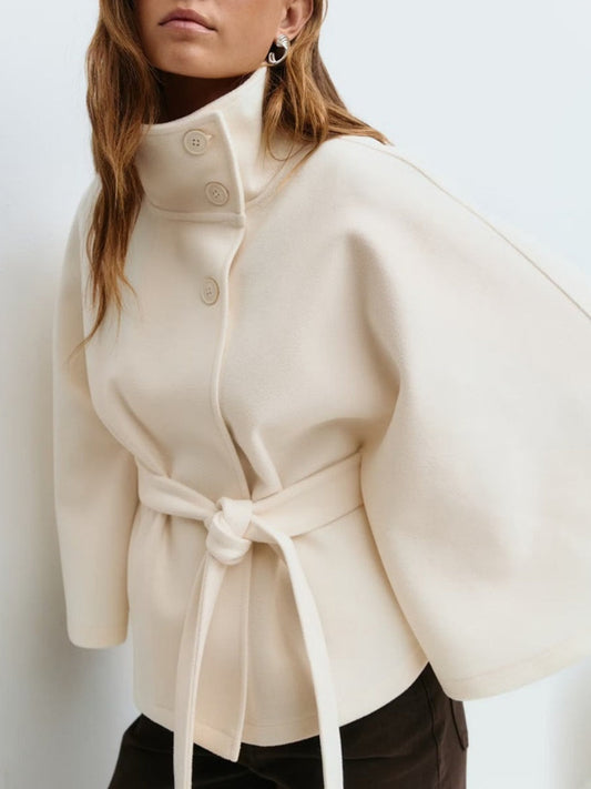 Solid Color Cape With Stand Collar, Button Belt And Short Style Coats