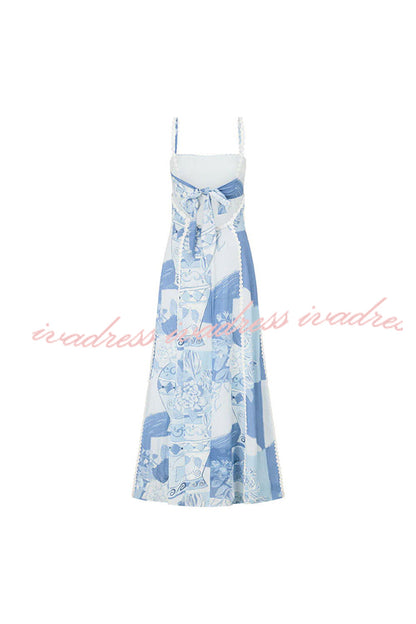 Terazza Ric Rac Trims Unique Print Back Tie-up Slip Flared Maxi Dress