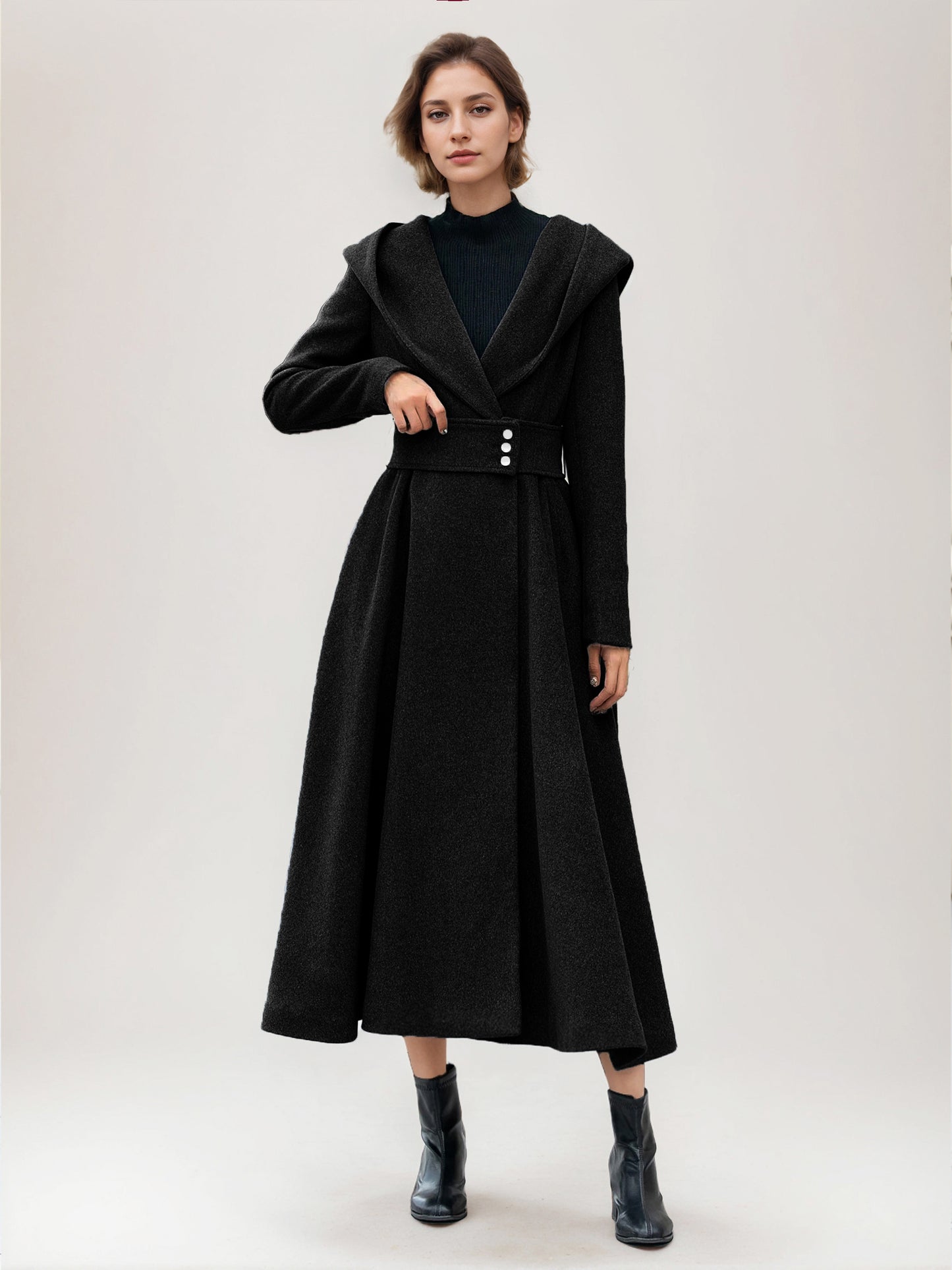 Flared Woolen Coat For Woman Hooded Gray Belted A-line Winter Long Outerwear 2026