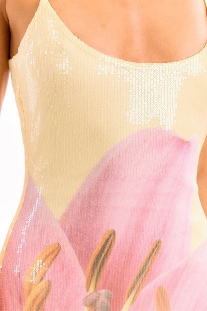 Floral Print Fashion Sequined Spaghetti Strap Backless Slim Fit Vacation Maxi Dress