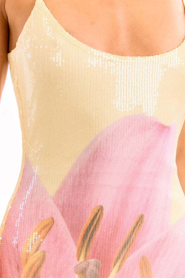 Floral Print Fashion Sequined Spaghetti Strap Backless Slim Fit Vacation Maxi Dress