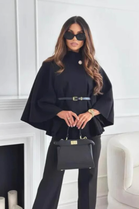 Solid Waist Tie Elegant Chic Wool Cape Coat