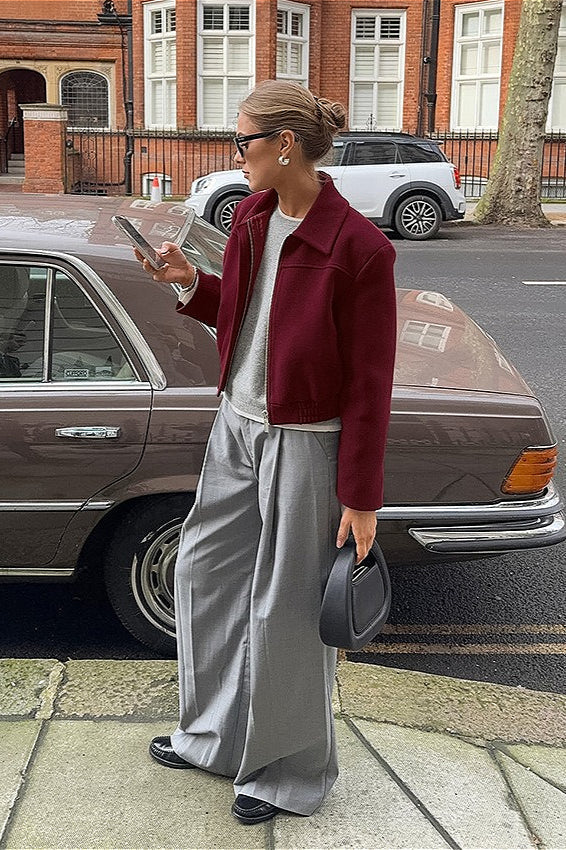 Burgundy Wool Short Casual Collared Retro American Jacket
