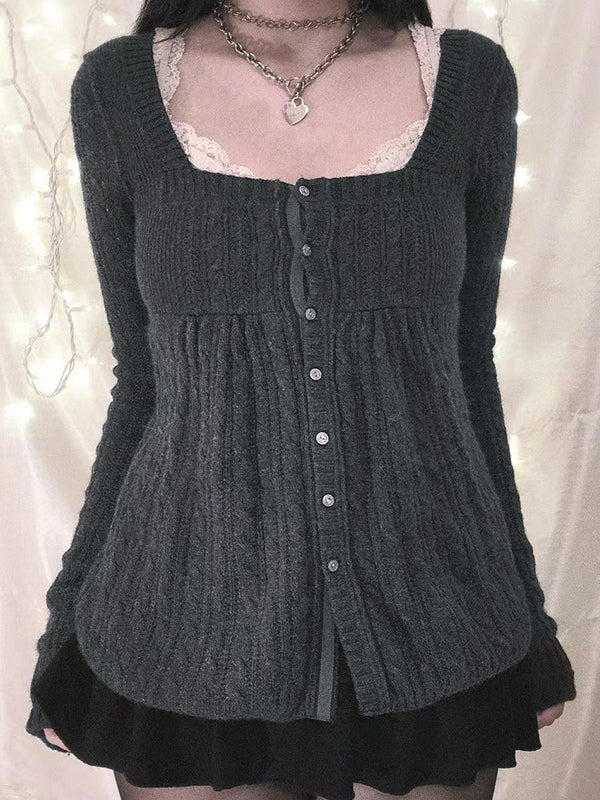 Solid Pointelle Square Neck Knit Cardigan