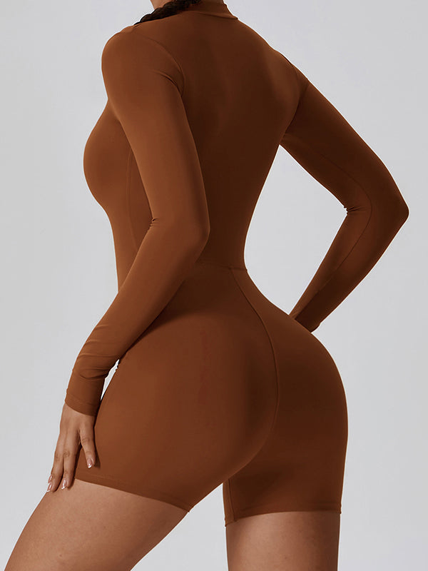 Sporty Solid Zip Up Long Sleeve Romper