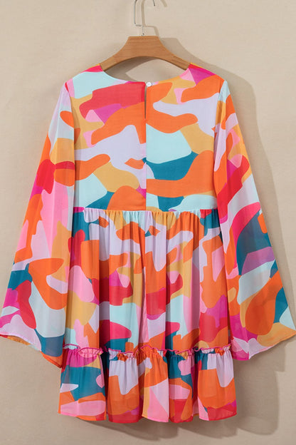 Abstract Geometric Print Deep V-Neck Bell Sleeve Tiered Ruffle Mini Dress