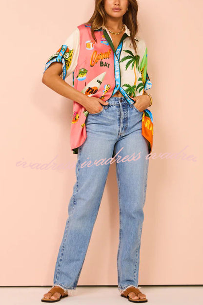 Kissed By The Sun Satin Unique Print Colorblock Button Down Oversized Blouse