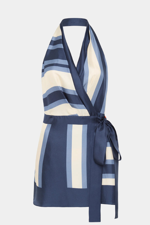 Summer Striped Print Halter Neck Backless Tie Mini Dress
