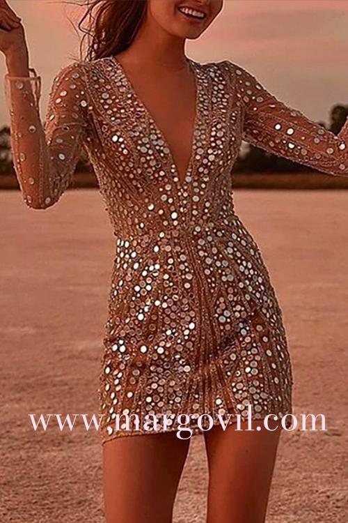 Margovil V Neck Mesh Sequin Mini Club Dress