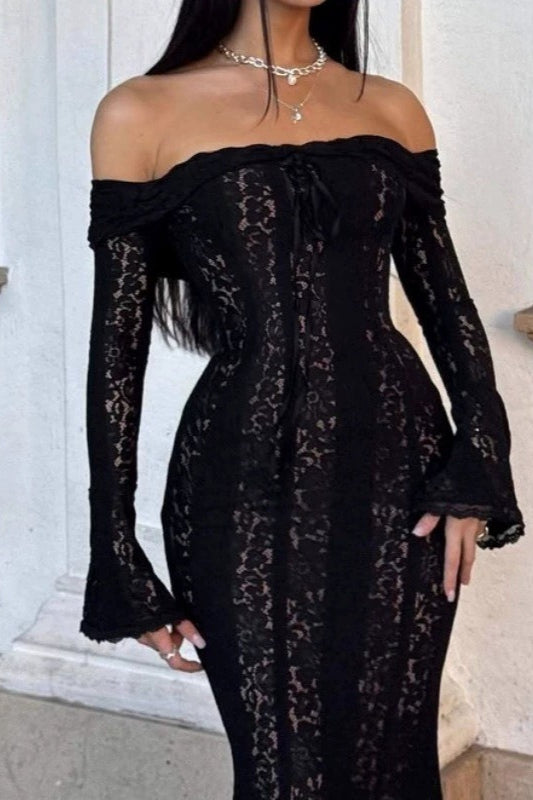 Sexy Lace Bell Sleeve Strapless Slim High Waist Formal Dress