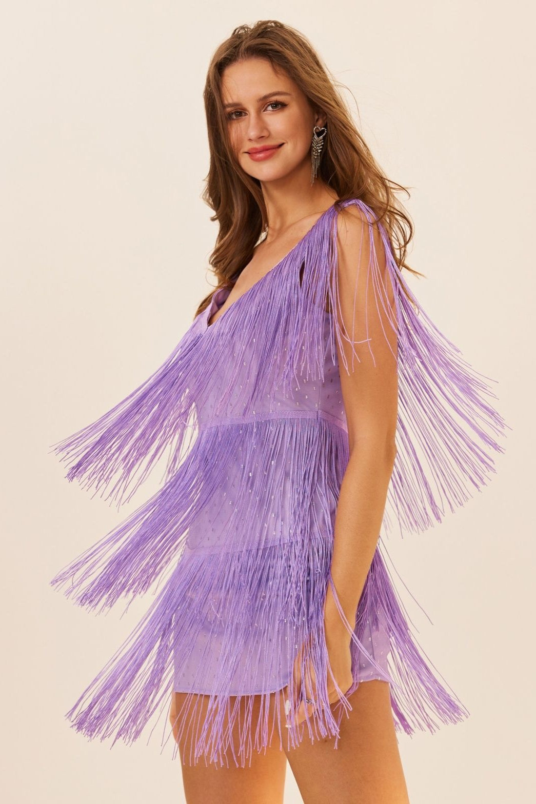 Sequin Tiered Fringe Deep V-Neck Sleeveless Mini Dress
