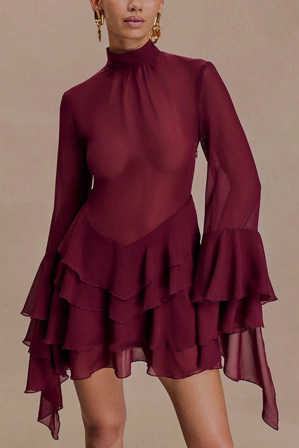 Fashionable Chiffon Long-sleeved Ruffled Slim-fit Mini Dress