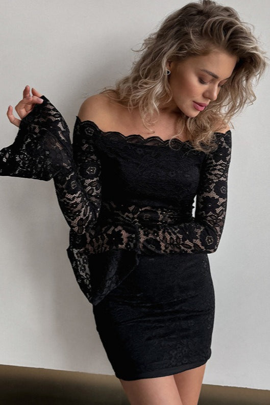 Off Shoulder Scalloped Lace Wide Bell Sleeve Bodycon Mini Dress