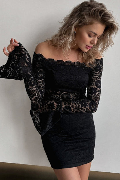 Off Shoulder Scalloped Lace Wide Bell Sleeve Bodycon Mini Dress