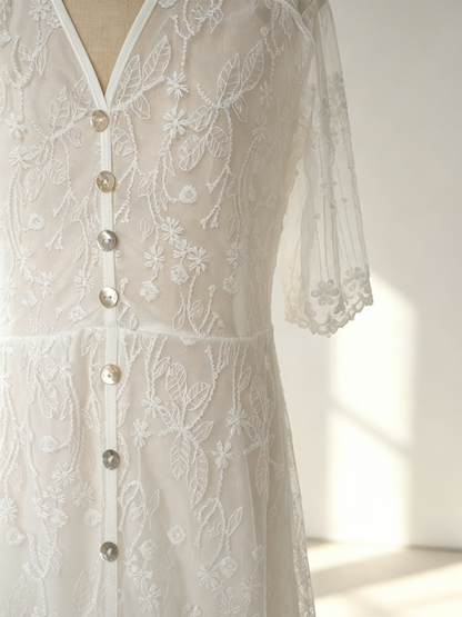 White Lace Maxi Boho Dress for Women - Embroidery Button Front Short Sleeves High Low Dress - Summer Beach Bridal Party Wear 2026