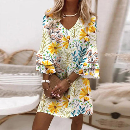 V-Neck Bell Sleeve Abstract Print Mini Dress