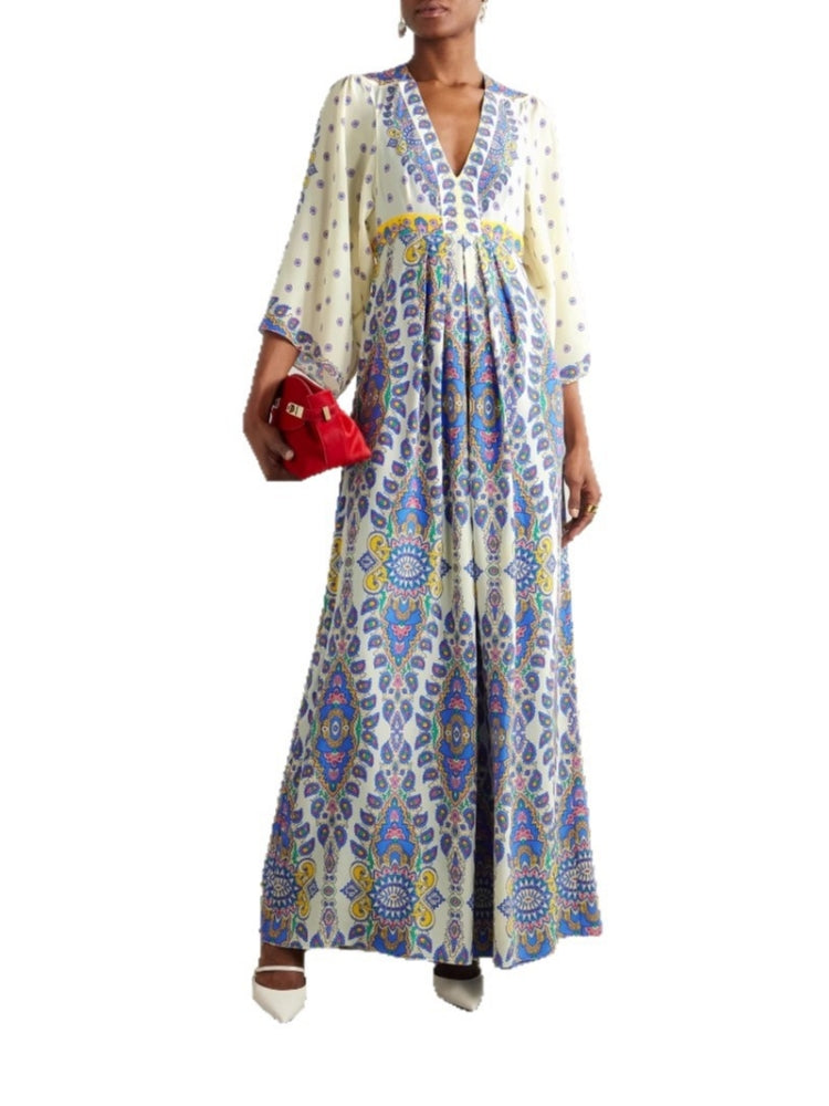 Deep V Neck Bell Sleeve Paisley Mandala Print Empire Waist Maxi Dress