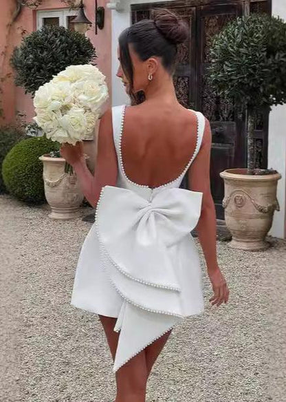 Pearl Trim Boat Neck Box Pleat Back Bow A-Line Mini Dress