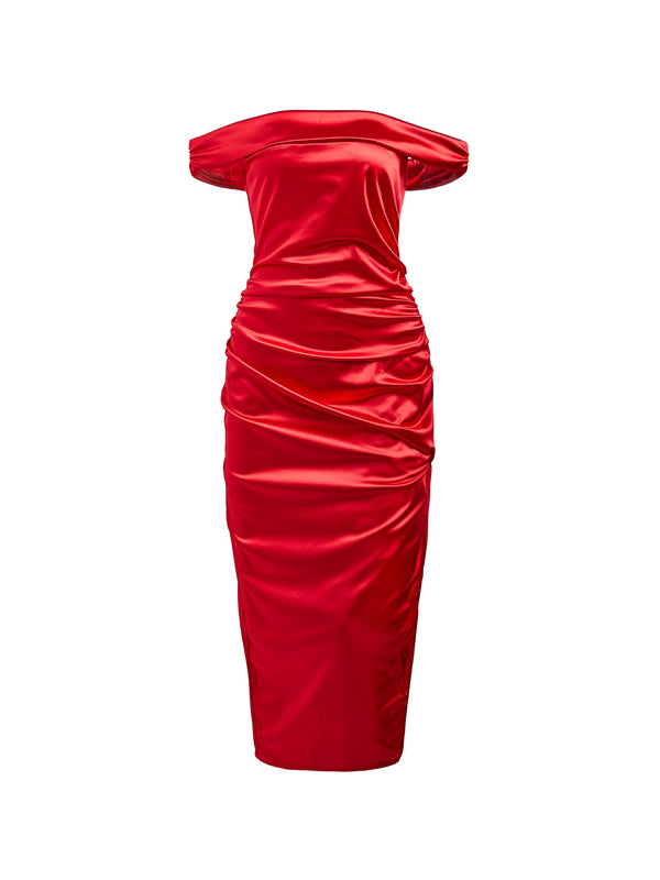 Glossy Solid Off Shoulder Thigh Split Maxi Dress