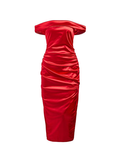 Glossy Solid Off Shoulder Thigh Split Maxi Dress