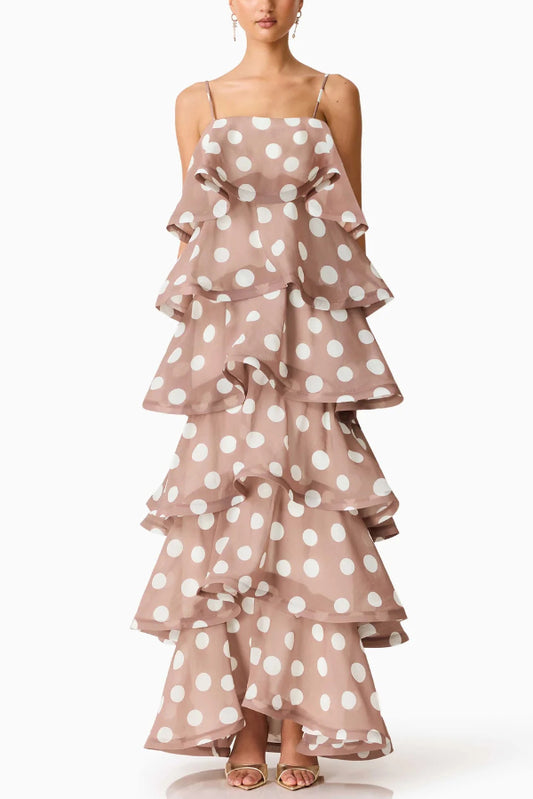 Polka Dot Print Layered Square Neck Suspender Casual A-line Maxi Dress
