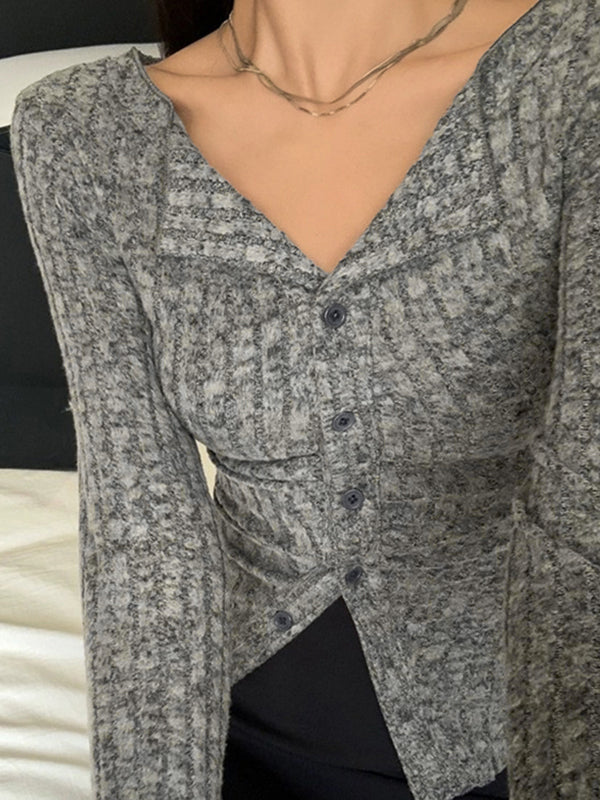 Lapel Neck Ruched Slim Long Sleeve Knit