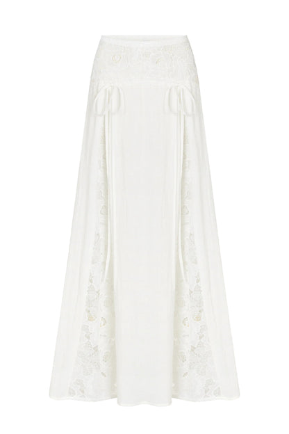 Solid Color Pleated Tie-front Top and Elegant Patchwork Lace Openwork Maxi Skirt Set