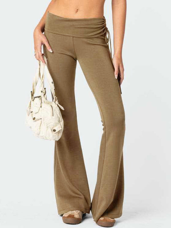 Solid Ruched Drawstring Flare Leg Pants