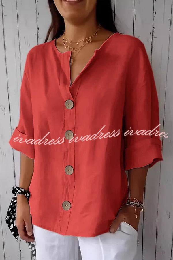 Solid Color V-neck Loose Button Top