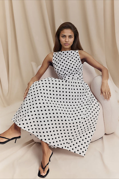 Polka Dot Print Boat Neck Sleeveless A-Line Midi Dress