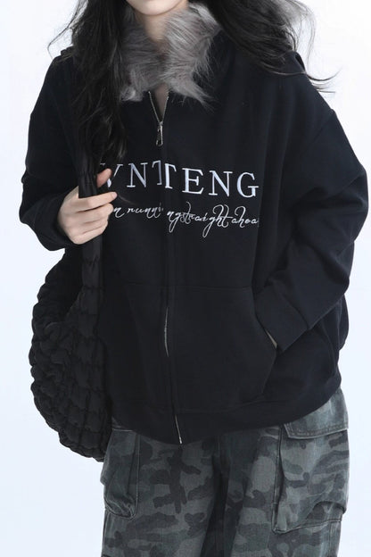 Fur Collar Oversized Zip Hoodie