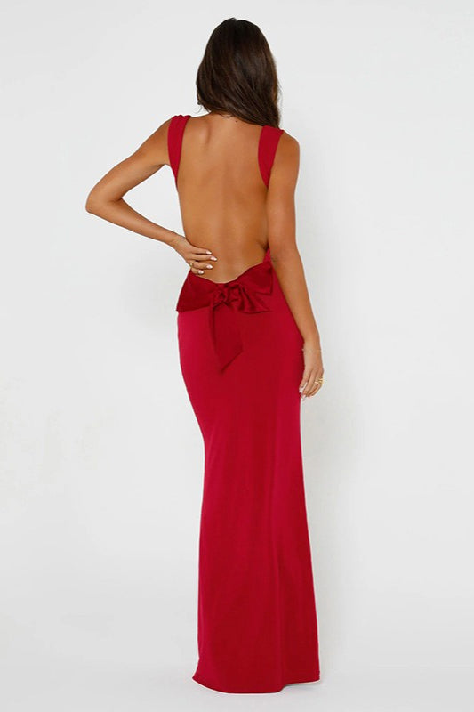 Cowl Neck Side Cutout Open-Back Bow Detail Spaghetti Strap Maxi Gown