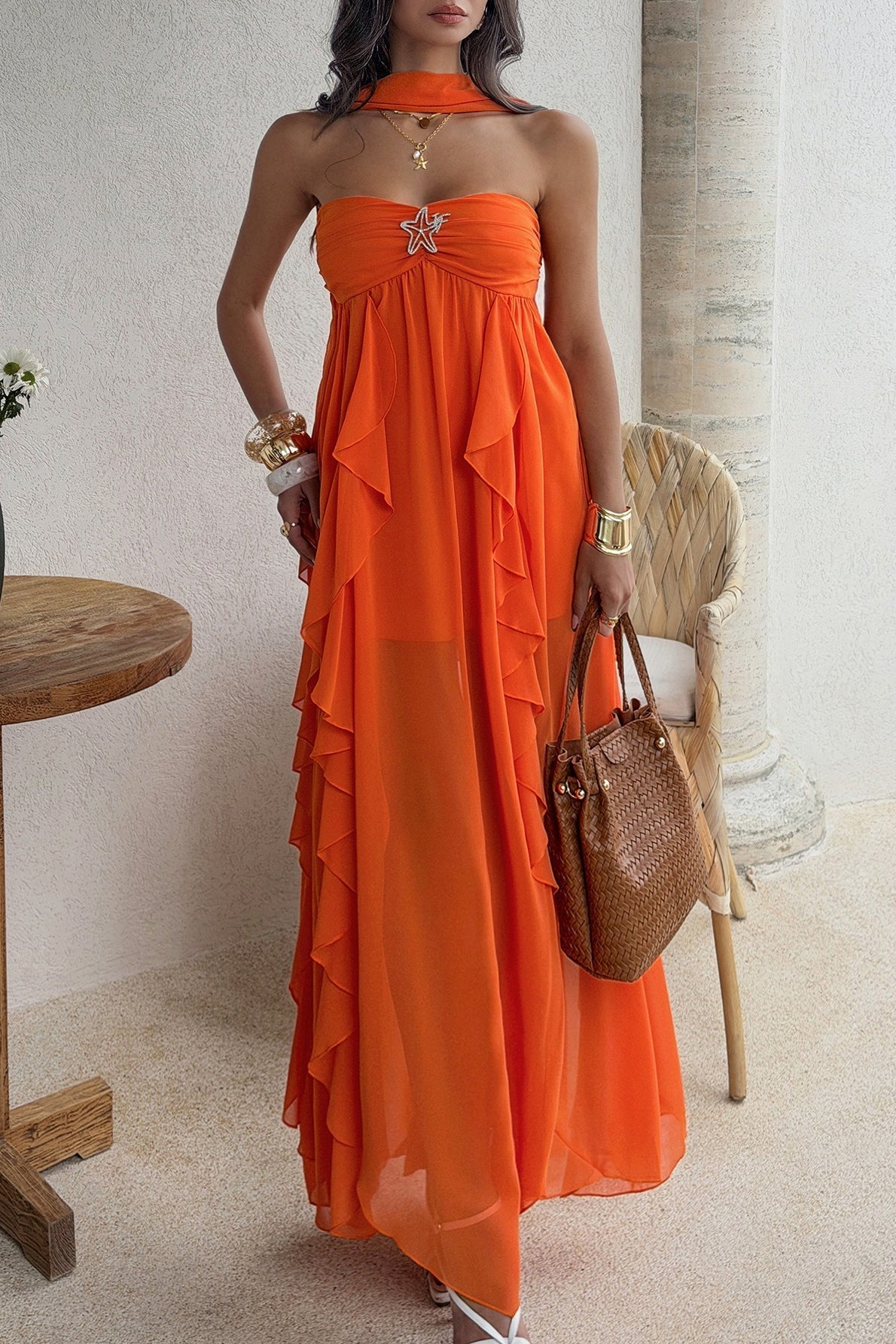 Strapless Ruched Starfish Brooch Cascading Vertical Ruffle Chiffon Maxi Dress