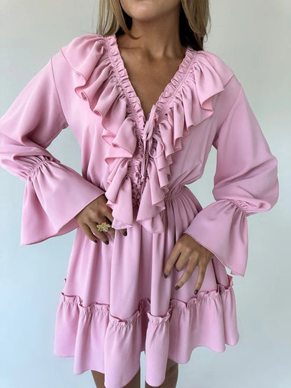 Chiffon Deep V-Neck Ruffle Trim Bell Sleeve Tiered Mini Dress