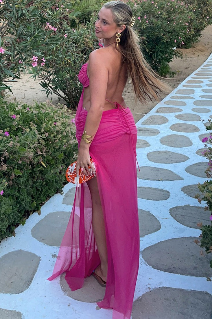 | Sheer Halter Tie Waist Cutout Maxi Dress