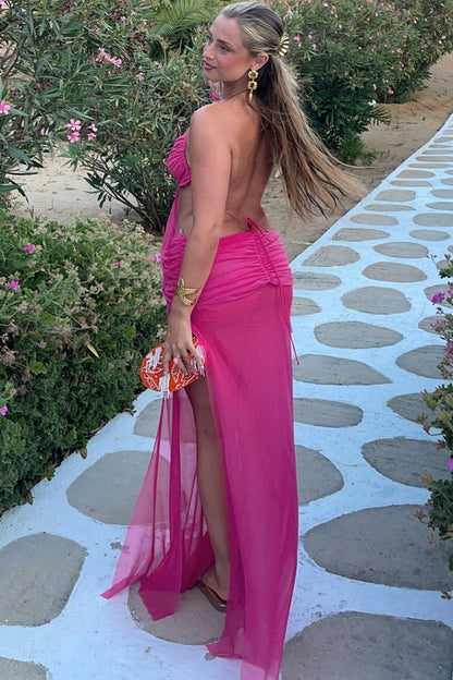 | Sheer Halter Tie Waist Cutout Maxi Dress