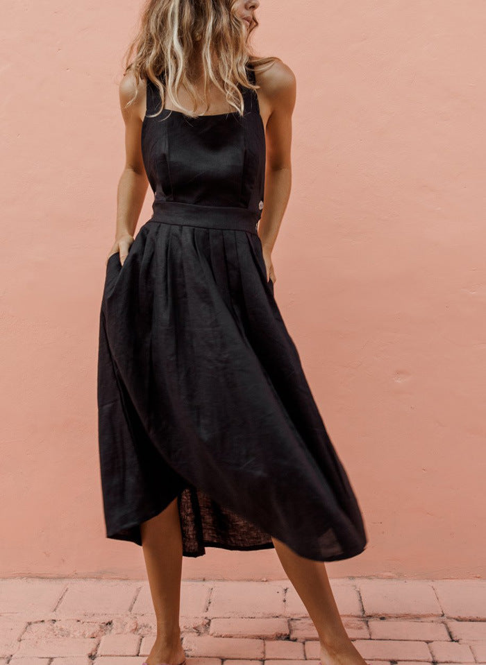 Backless Square Neck Button Side Cut Out A-Line Midi Dress