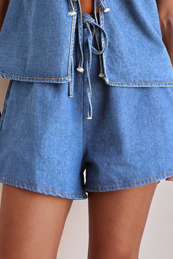 Stylish Elastic Waist Drawstring Pocket Casual Loose Denim Shorts