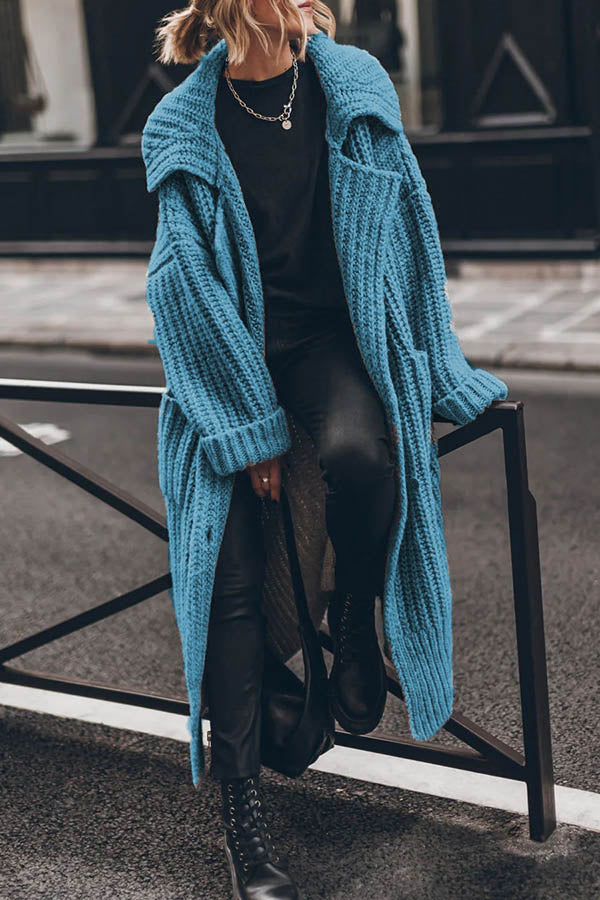 Chunky and Warm Knit Button Pocketed Oversized Midi Cardigan