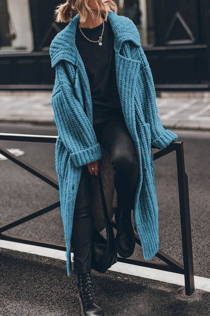 Chunky and Warm Knit Button Pocketed Oversized Midi Cardigan