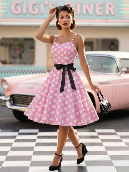 Polka Dot Vintage Midi Swing Dress for Women - 1950s A-Line Belted Rockabilly Slip Sun Dress - Summer Holiday Party 2026