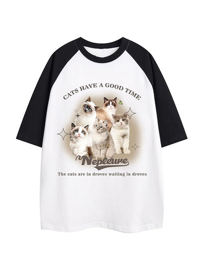 Vintage Cat Print Raglan Oversized Short Sleeve Tee