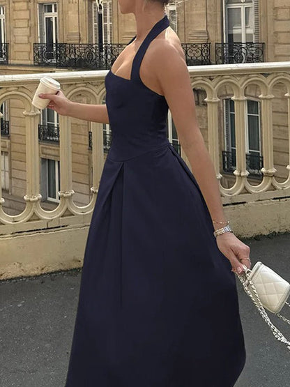 Halter Neck Basque Waist Box Pleat Midi Dress