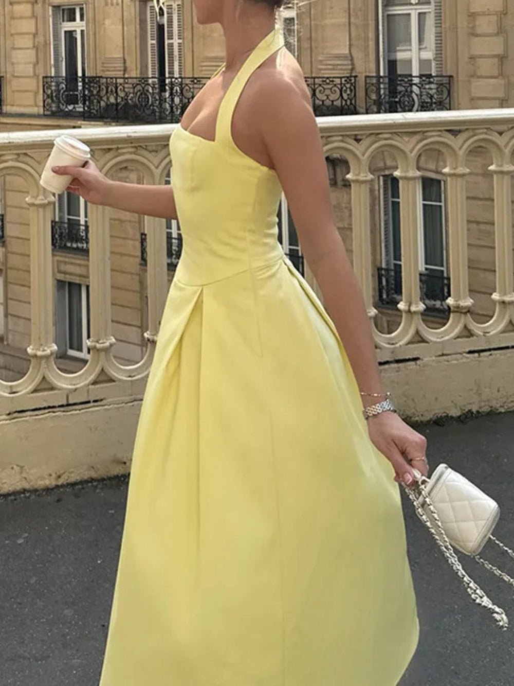 Halter Neck Basque Waist Box Pleat Midi Dress