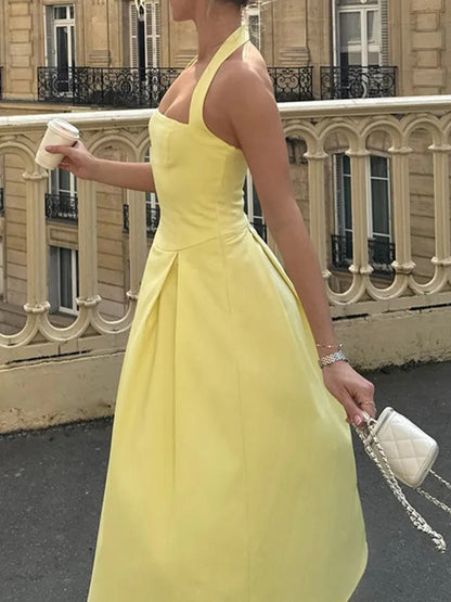 Halter Neck Basque Waist Box Pleat Midi Dress