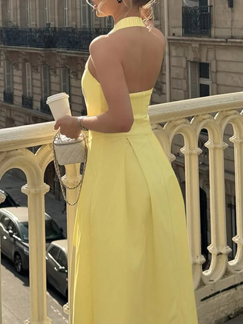 Halter Neck Basque Waist Box Pleat Midi Dress