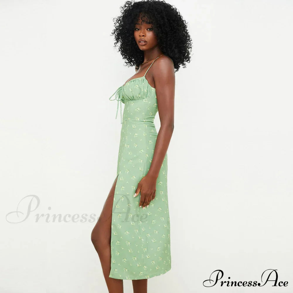 Daisy Printed Puff Sleeve High Classic Slit Smock Maxi Sundress - White